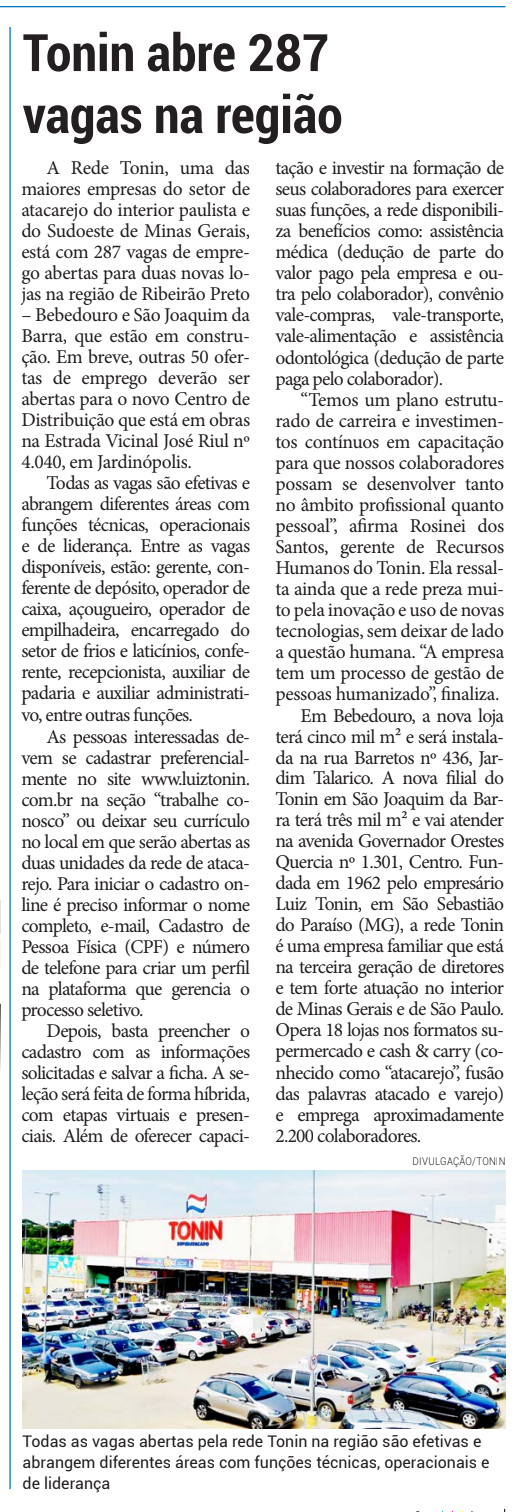  Rede Tonin abre 287 vagas de emprego na região - Tribuna Ribeirão