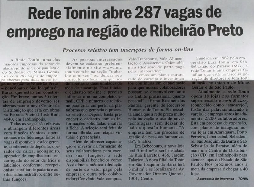Rede Tonin abre 287 vagas de emprego na região de Ribeirão Preto