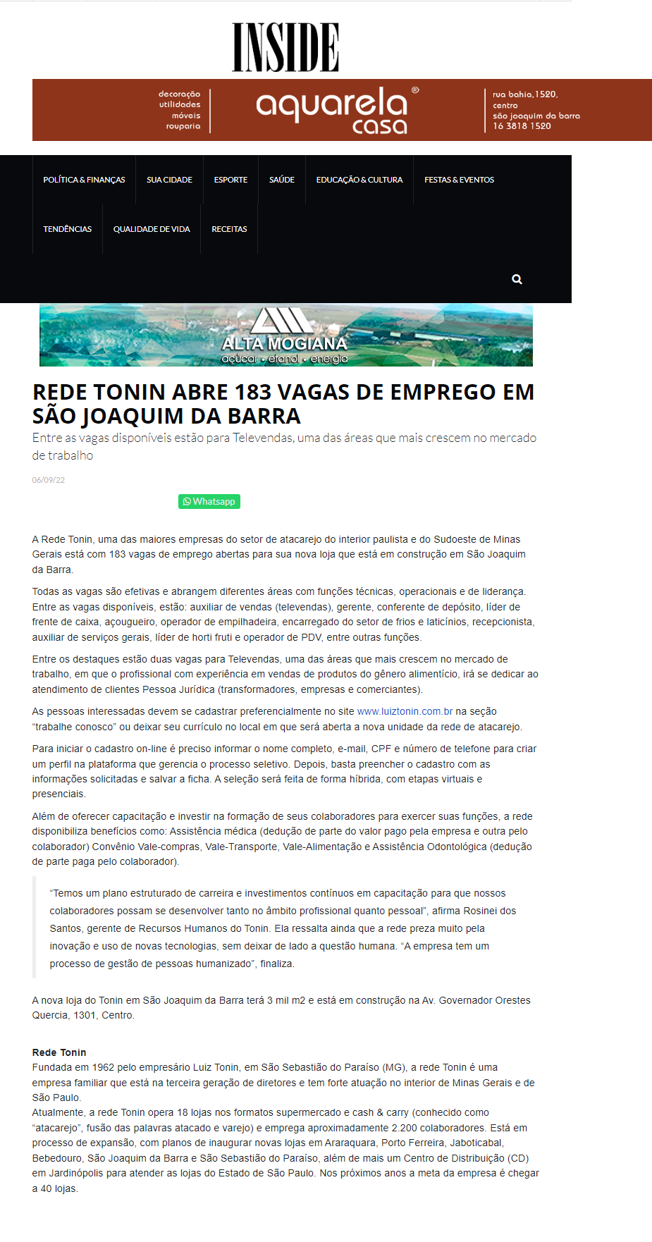 REDE TONIN ABRE 183 VAGAS DE EMPREGO EM SÃO JOAQUIM DA BARRA